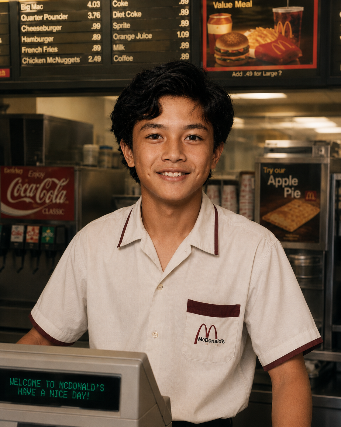 Michael Le at McDonald's, age sixteen. Sydney Entertainment Centre, then George Street CBD. Behind the counter. Every transaction under a minute. The first uniform that taught him what showing up looks like.