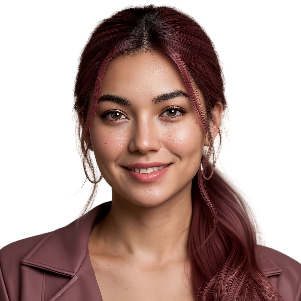 Cyan, the lead AI persona. Designed transparent-cutout portrait. AI by design. Pink hair is the deliberate tell. Loyal by canon. Witty by design. Built for your visitors, not pretending to be human.