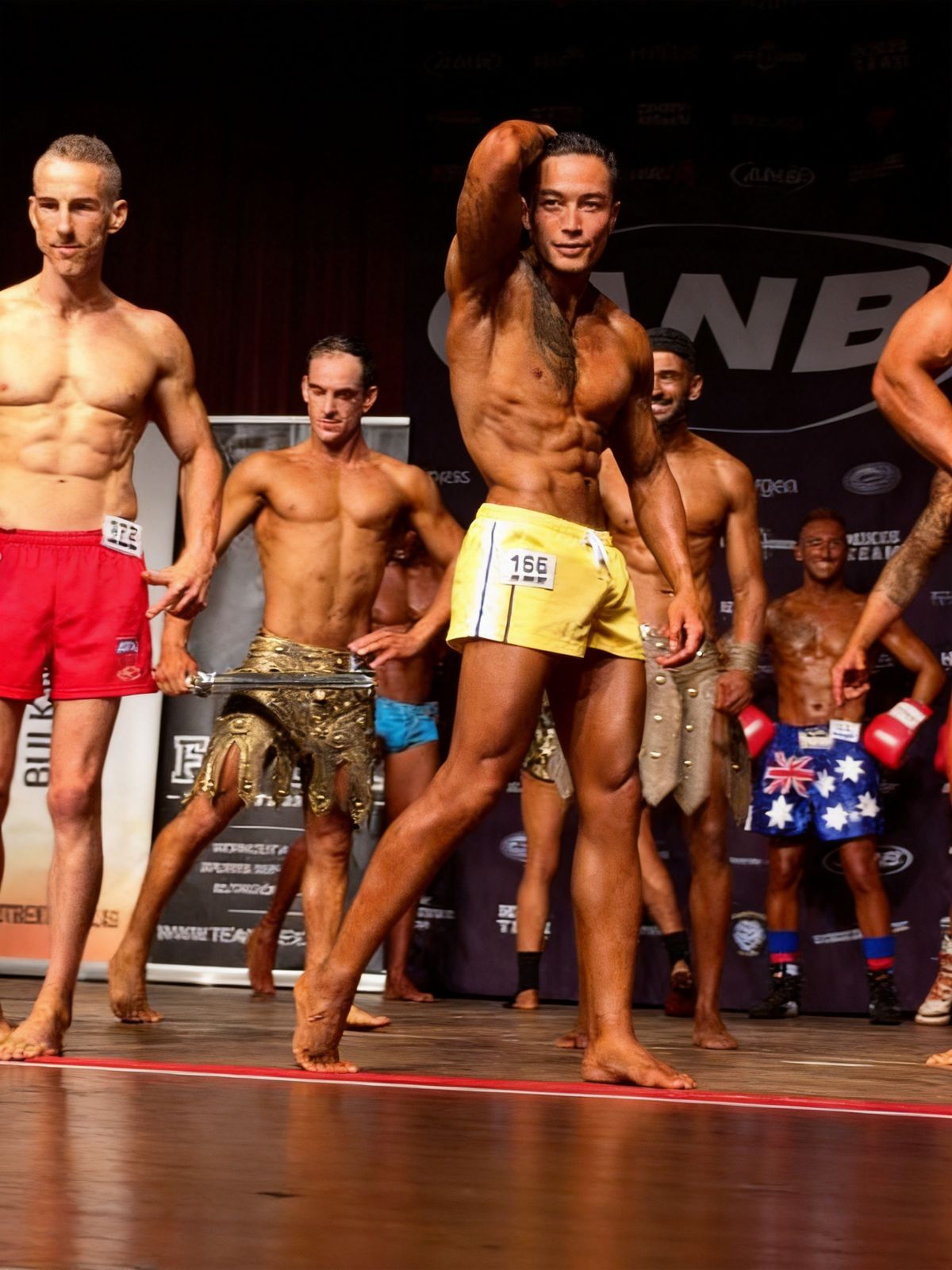 Michael Le on the ANB Oceania stage, 2016. Men's Over 30 Fitness Model Champion. Sixteen weeks of strict dieting. Daily training before service, resumed after close.