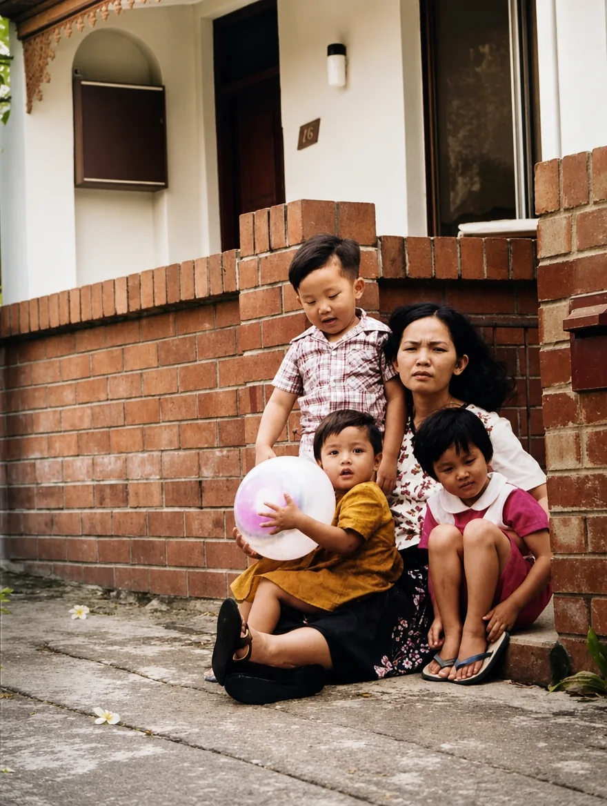 Michael Le as a young child with his aunty and siblings on the steps of the family's first Sydney home in Enmore, early 1980s.