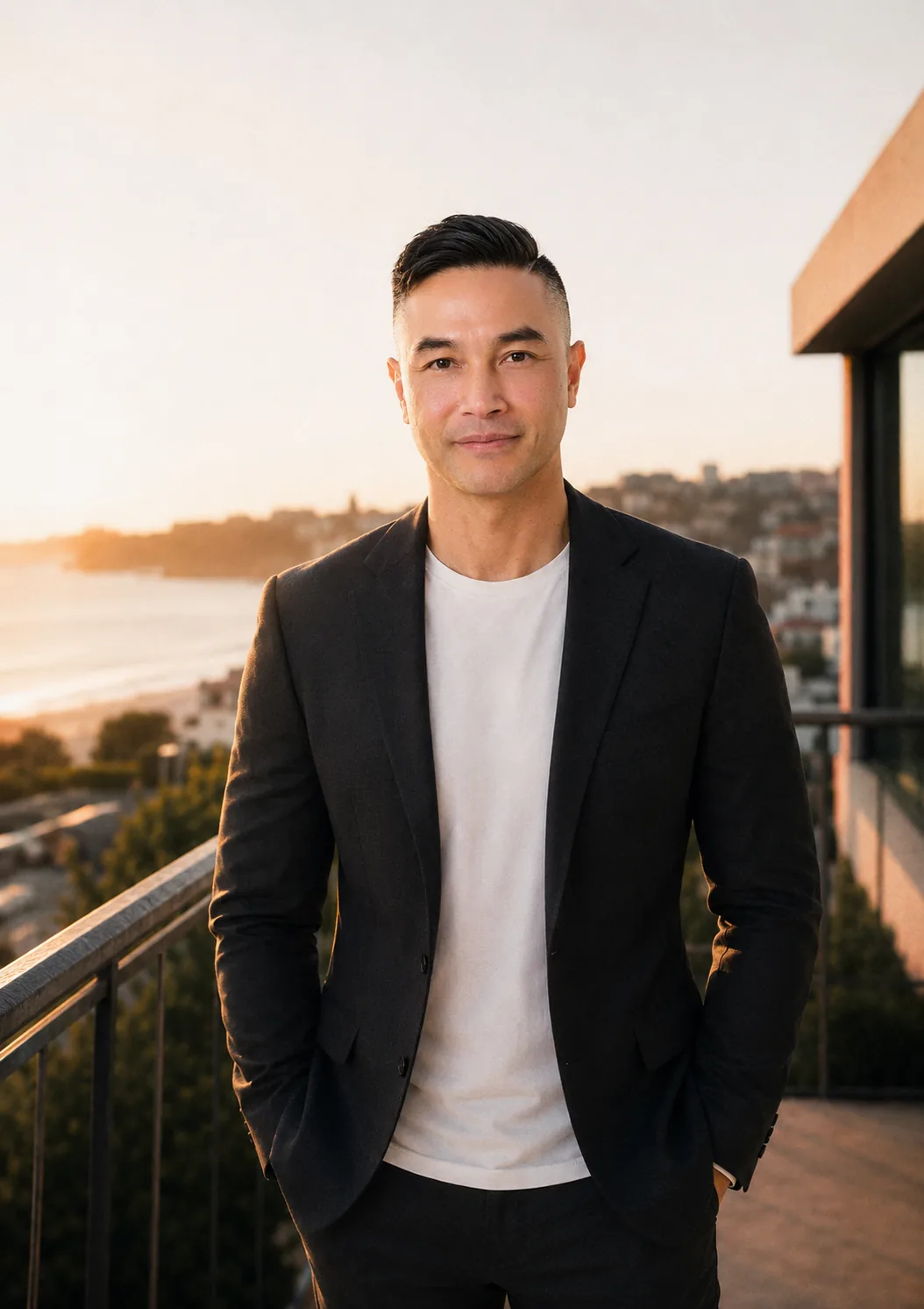 Michael Le today, Sydney operator, founder, and writer, in a golden-hour coastal portrait.