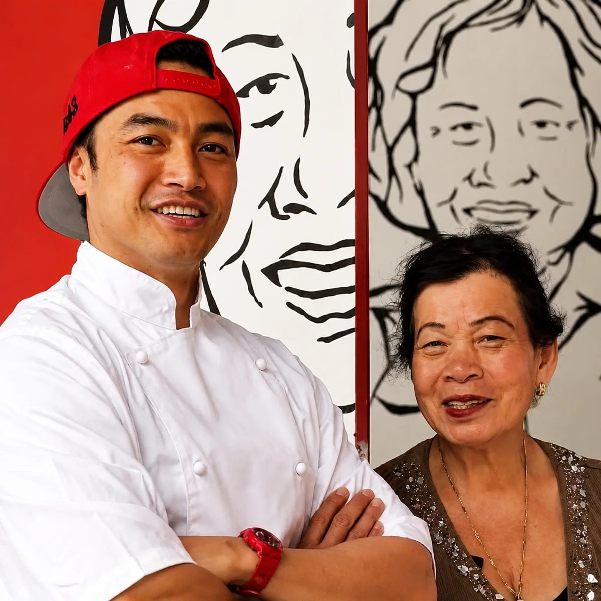 Michael Le in chef whites at Great Aunty Three in Enmore, in front of the restaurant's hand-drawn portrait mural. Photo courtesy of Daily Telegraph.