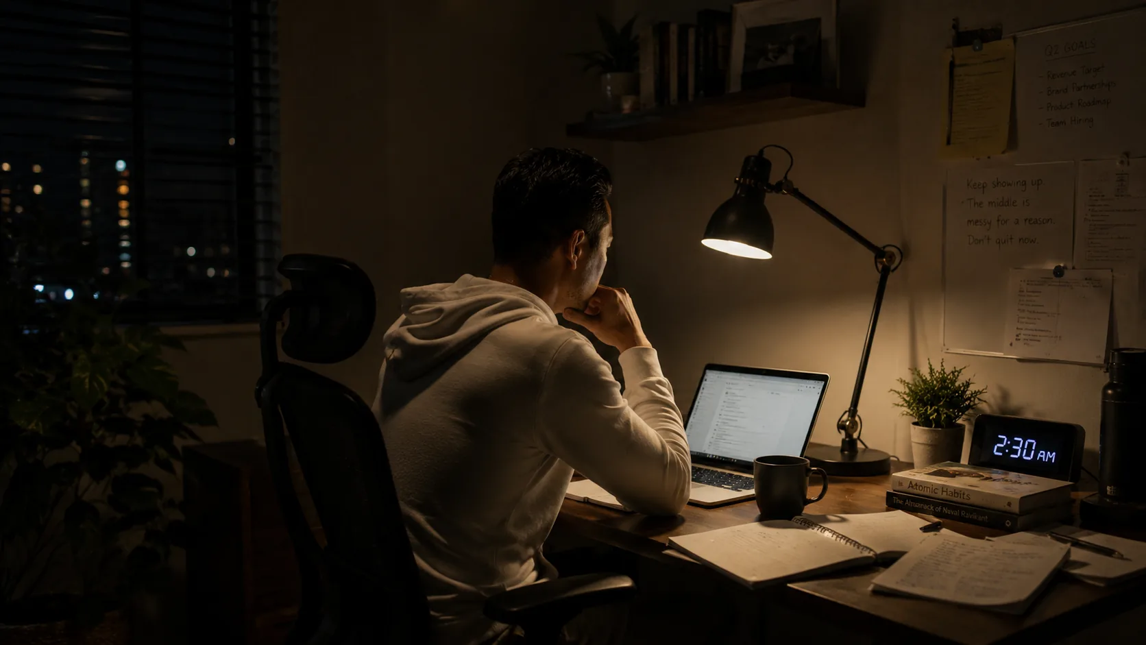 Late at night at the desk. Building the systems that run the business without him. The rebuild, in progress.