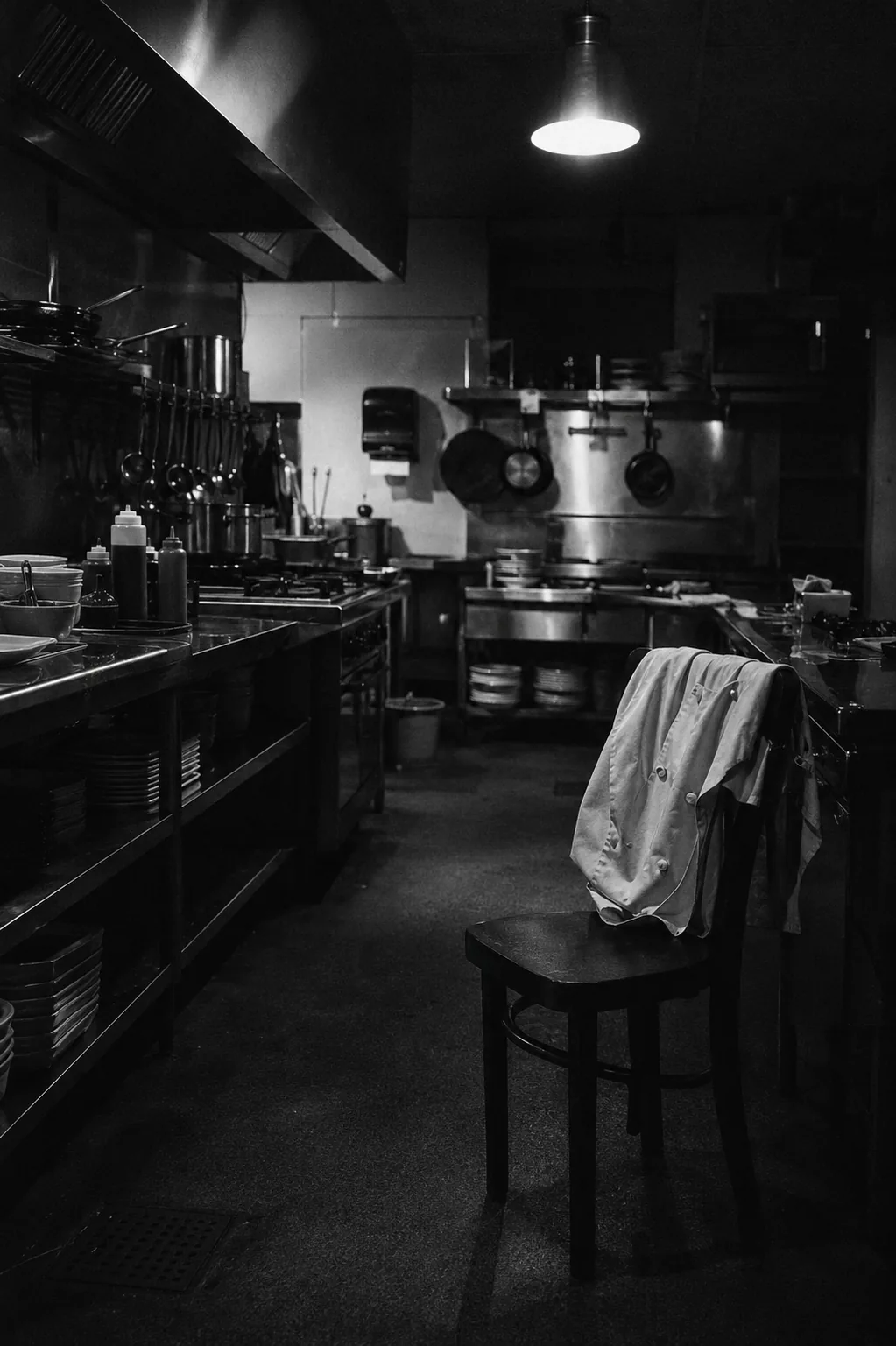 Empty restaurant kitchen after service. Eleven years in. The weight of always being needed. The moment the prison reveals itself.